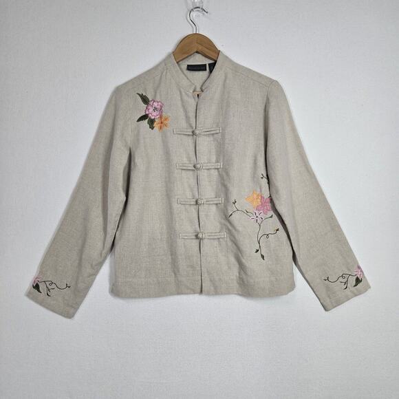 Relativity Linen Jacket Sz S Beige Pink Green Floral Embroider Coquette Coastal - Picture 14 of 14